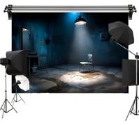 Criminal Interrogation Room Polyester Backdrop 7x5FT - Dark Blue Grunge Prison Style with Chair & Blood, Police Crime Scene for Halloween Party Photography Props