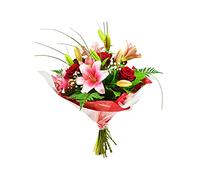 Crimson Charm Flower Bouquet Fresh Pink Lilies, Red Roses, festive event- Long-Lasting Floral Arrangement gifting Delivery for Birthday, Christmas, Wedding, Home party Decor Halloween, seasonal Autumn