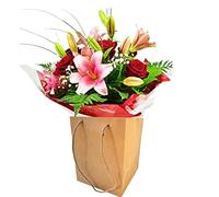 Crimson Charm Flower Bouquet in Kraft Gift Bag - Fresh Pink Lilies, Red Roses, Baby's Breath, festive event- Long-Lasting Floral Delivery for Birthday, Sympathy, Wedding, Home party Decor