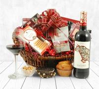 Crimson Christmas Red Wine Hamper | Premium Rioja Wine & Brandy Pudding Gift Basket with Award-Winning Sweet & Savoury Treats | Reusable Red Basket