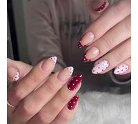 Crimson French Tip Press on Nails with Red Polka Dots - 24PCS Short Almond Shape False Nails, Glossy Nude Base Stick On Design, Reusable Full Cover Set for Party or Daily Manicure