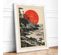 Crimson Sun Over Stone Coastal Framed Wall Art Print A3 (42×29.7cm) White, Wall Decor for Living Room, Bedroom, Office & Home, Ready to Hang, Art Gift