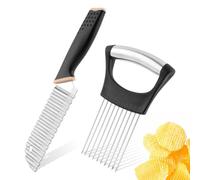 Crinkle Cutter Knife, Rubber Handle Stainless Steel Fries Cutter Slicer with Onion Holder, Vegetable Salad Chopping Knife Home Kitchen Wavy Blade Cutting Tool(Black)