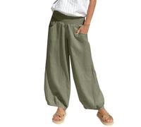 Crinkle Trousers for Women UK Lightweight Fabric Pants for Women Linen Summer Trousers Casual Pants Beach Pant Plain Muslim Comfortable Harem Trouser with Wide Legs Green
