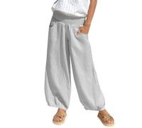 Crinkle Trousers for Women UK Lightweight Fabric Pants for Women Linen Summer Trousers Casual Pants Beach Pant Plain Muslim Comfortable Harem Trouser with Wide Legs Grey