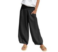 Crinkle Trousers for Women UK Lightweight Fabric Pants for Women Linen Summer Trousers Casual Pants Beach Pant Plain Muslim Comfortable Harem Trouser with Wide Legs Black