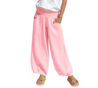 Crinkle Trousers for Women UK Lightweight Fabric Pants for Women Linen Summer Trousers Casual Pants Beach Pant Plain Muslim Comfortable Harem Trouser with Wide Legs Pink