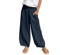 Crinkle Trousers for Women UK Lightweight Fabric Pants for Women Linen Summer Trousers Casual Pants Beach Pant Plain Muslim Comfortable Harem Trouser with Wide Legs Navy
