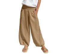 Crinkle Trousers for Women UK Lightweight Fabric Pants for Women Linen Summer Trousers Casual Pants Beach Pant Plain Muslim Comfortable Harem Trouser with Wide Legs Khaki
