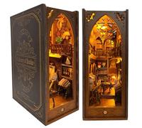 CRIOLPO Book Nook Kit - DIY Dollhouse Booknook, Book Nook Miniature Kit for Bookshelf Insert Decor Crafts for Adults Teens, 3D Wooden Puzzle Bookends with Sensor Led Light (Library of Books)