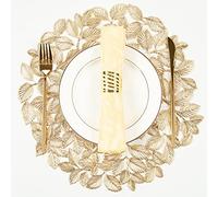 Crisjanggo Metallic Placemats Set of 6 Gold Leaf Round Placemats Non-Slip Wipeable Table Mats for Dinner,Party,Wedding Accent Centerpiece