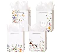 Crisky 4 Pack Medium Gift Bags with Handles, Wildflower Floral Wedding Gift Bag Medium Size Goodie Bags with Tissue Paper for Bridal Shower, Engagement, Birthday, Graduation, Small Business
