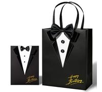 Crisky Black Birthday Gift Bags for Men, 3D Tuxedo Real Bow Tie & Buttons with Card & Tissue Paper Ideas for Him, Dad, Husband, Boss, Boys, Boyfriend, Bday Decoration, Party Favors