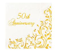 Crisky Gold Foil 50th Anniversary Cocktail Napkins for Golden Wedding Party Decoration, 3-Ply Disposable Beverage Dessert Napkins, 50 Counts