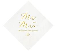 Crisky Gold Foil Mr and Mrs Wedding Cocktail Napkins 100 Counts for Wedding Party Reception Dessert Cake Table Decorations Welcome to Our Beginning Disposable Napkins, 3-Ply,