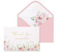 Crisky Pink Floral Wedding Thank You Cards with Envelopes & Stickers From Mr & Mrs, 100 Pack Gold Foil Eucalyptus Leaves Thank You Greeting Note Cards Bulk for Bridal Shower