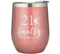 Crisky Rose Gold 21 & Finally Vacuum Insulated Tumbler for Girl 21st Birthday Gifts Funny Ideas for Girlfriend, Sister, Friends, Daughter, Her Wine Glass, Coffee Cup/Mug 12oz, with Box, Lid and Straw