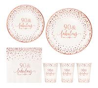 Crisky Rose Gold 90 Fabulous Napkins Plates Cups Set Women 90th Birthday Party Decor Supplies, Disposable Tableware Set of 24 (9'' Plates, Luncheon Napkins, 9oz Cups)
