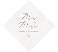 Crisky Silver Foil Mr and Mrs Wedding Cocktail Napkins 100 Counts for Wedding Party Reception Dessert Cake Table Decorations Welcome to Our Beginning Disposable Napkins, 3-Ply,