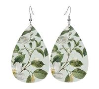 Crisp Sage White Flowers Printed Water Drop Earrings, Lightweight Leather Teardrop Dangle for Date and Party