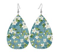 Crisp Teal White Flowers Printed Water Drop Earrings, Lightweight Leather Teardrop Dangle for Date and Party