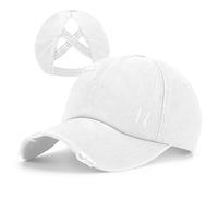 Criss Cross Ponytail Hat Women Washed Distressed Baseball Caps Adjustable High Messy Bun Ponycap, B - Denim White, One Size