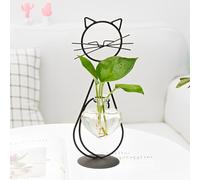 CRITIVE-S Glass Flower Vase Heart Shape, Hydroponic Propagation Vase with Cat Metal Plant Stand Indoor, Propagation Station for Plants, Desktop Flower Stand for Home Office Festive Decoration