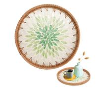 CRITIVE-S Round Rattan Coffee Table Tray with Mother of Pearl, Decorative Wicker Baskets for Home Decor Storage and Display, Woven Serving Tray for Breakfast Fruit Food (Emerald)