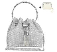 CRITIVE-S Women Rhinestone Evening Handbags, Tassel Shoulder Bags with Card Holder Wallet, Fashion Women's Clutches Silver Bucket Bag, Clutch Bag Shiny Crystal Purse with Detachable Chain