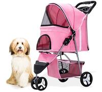 Critter Sitters 3-Wheel Jogging Dog Stroller with Storage Basket and Cup Holders, Modern and Stylish Pet Stroller for Medium Sized Animals up to 33 Pounds, Cat Stroller for Cats and Small Dogs, Pink