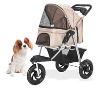 Critter Sitters 3-Wheel Jogging Dog Stroller with Storage Basket and Cup Holders, Modern and Stylish Pet Stroller for Medium to Large Pets up to 55 Pounds, Tan
