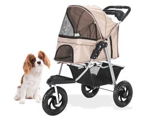 Critter Sitters 3-Wheel Jogging Dog Stroller with Storage Basket and Cup Holders, Modern and Stylish Pet Stroller for Medium to Large Pets up to 55 Pounds, Tan