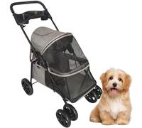 Critter Sitters Grey Foldable Pet Stroller for Small Dogs/Cats with Breathable Scratch Resistant Mesh Windows, Cup Holders, Storage Pockets, Lockable Wheels, Safety Leash, Animal Transporation