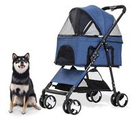 Critter Sitters Pet Stroller with Storage Basket, Single Carriage Carrier for Animals up to 33 lbs., 4-Wheel, Travel and Transportation for Cats, Small Dogs, Blue