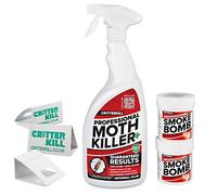 CritterKill Moth Killer Kit - For Low Level Home Infestation - Moth Spray + Smoke Bombs + Insect Traps (1L Spray / 2x16g Bombs / 3 Traps)