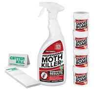CritterKill Moth Killer Kit - For Low Level Home Infestation - Moth Spray + Smoke Bombs + Insect Traps (1L Spray / 4x16g Bombs / 6 Traps)
