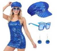 Crittygo 3Pcs 70s Disco Accessories Set, 1970s Sequin Disco Accessories Set with Hat Sunglasses Earrings, Disco-Costume for Women Retro 70 Theme Party