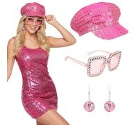 Crittygo 3Pcs 70s Disco Accessories Set, 1970s Sequin Disco Accessories Set with Hat Sunglasses Earrings, Disco-Costume for Women Retro 70 Theme Party