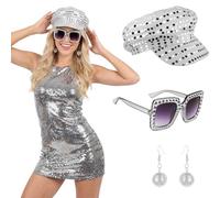 Crittygo 3Pcs 70s Disco Accessories Set, 1970s Sequin Disco Accessories Set with Hat Sunglasses Earrings, Disco-Costume for Women Retro 70 Theme Party