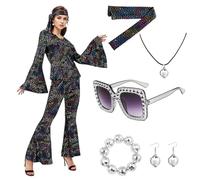 Crittygo 70s Disco Outfit for Women, Shiny Disco Costume Set with Glasses Necklaces Bracelet, Sparkle Flare Fancy Dress Up for Halloween Stag Do Party