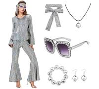 Crittygo 70s Disco Outfit for Women, Shiny Disco Costume Set with Glasses Necklaces Bracelet, Sparkle Flare Fancy Dress Up for Halloween Stag Do Party