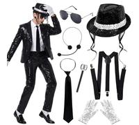 Crittygo 7PCS King of Pop Costume Accessories Set, 80s Dancer Rocker Star Cosplay Set with Hat Suspenders Microphone, 80s Retro Party Fancy Dress for Theme Party&Dance Party