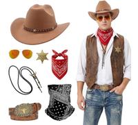 Crittygo 7Pcs Western Cowboy Accessories, Men Cowboy Outfit Kit with Hat Bandana Glasses Necklace Belt Sheriff Badge, Cowboys Fancy Dress for Western Theme Party Halloween