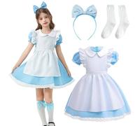 Crittygo Alice Costume, Alice Fancy Dress Up Costume Set With Apron Bow Hairband And Socks, Alice's Maid Dress for World Book Day, Farm Day Theme Party