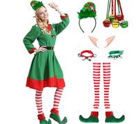 Crittygo Christmas Elf Costume for Womens, 8Pcs Santa Helper Costume Set with Elf Hat Shoes Socks Bell Bracelet Necklace, Elf Cosplay Christmas Costume