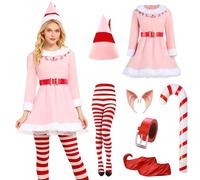 Crittygo Christmas Elf Costume Womens, Pink Elf Outfit With Hat Dress Belt Shoe Covers, Christmas Elf Fancy Dress for Women