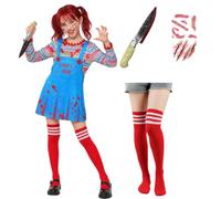 Crittygo Chucky Costume Teens, Halloween Creepy Killer Doll Fancy Dress | Chucky Outfit Set with Striped Tops Skirts Socks Stickers, Horror Evil Doll Costumes for Halloween Cosplay Scary
