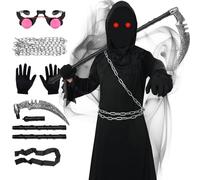 Crittygo Grim Reaper Costume for Kids Adult, Halloween Grim Reaper Fancy Dress with Scythe Chain Glowing Glasses, Boys Scary Halloween Costume