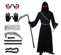 Crittygo Grim Reaper Costume for Kids Adult, Halloween Grim Reaper Fancy Dress with Scythe Chain Glowing Glasses, Boys Scary Halloween Costume