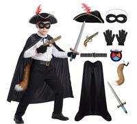 Crittygo Highway Rat Costume, World Book Day Cat Bandit Costume Set with Cape Hat Mask, Robber Pirate Fancy Dress for World Book Day Role Play